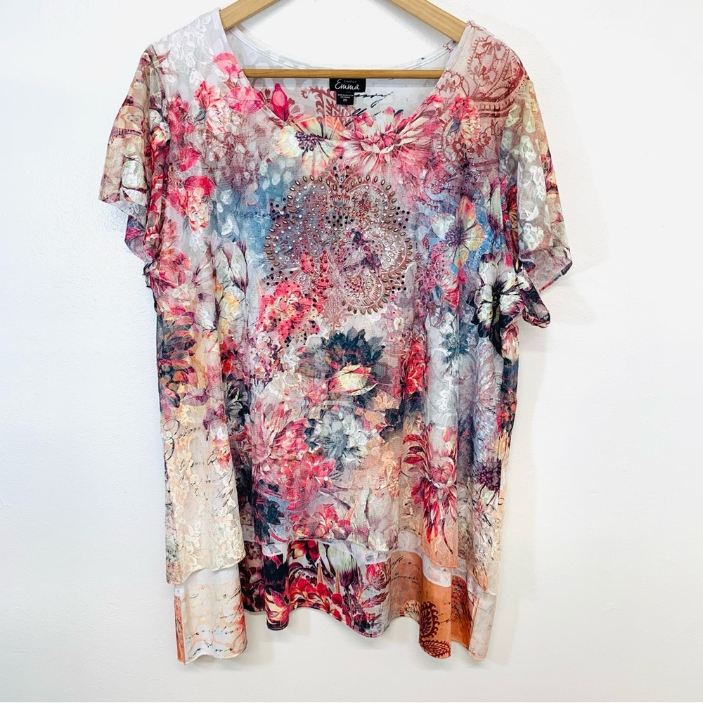 Simply Emma Top‎ Woman 2X  Lace Tiered Beaded Pink Floral Sheer Fairy Flowy Boho